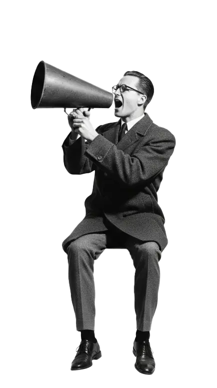 Hombre vintage con abrigo y megáfono retro, imagen representativa de la sección de contacto de Redéu Studio